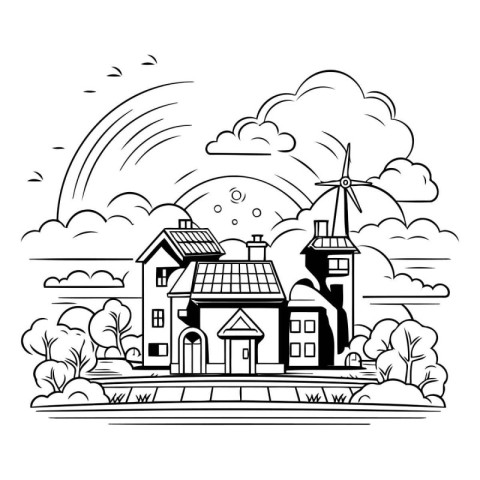 House with windmill. Black and white vector illustration for col