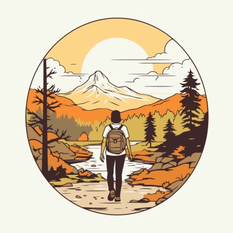 Hiking man with backpack on the background of mountains. Vector