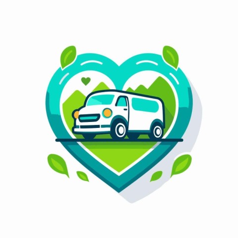 Camping vector logo. camper van in heart shape with green leaves