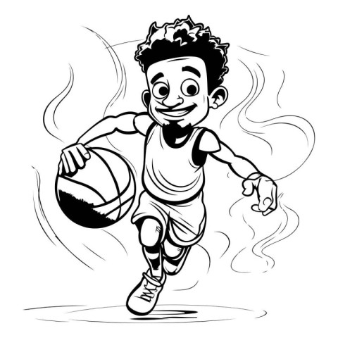 Little boy playing basketball. Black and white vector illustrati