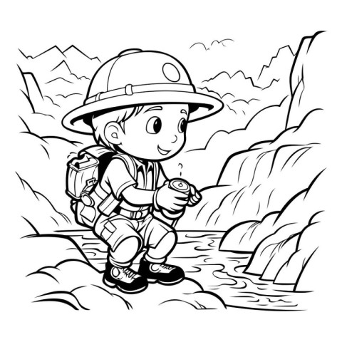 Black and White Cartoon Illustration of Kid Hiking or Camping fo