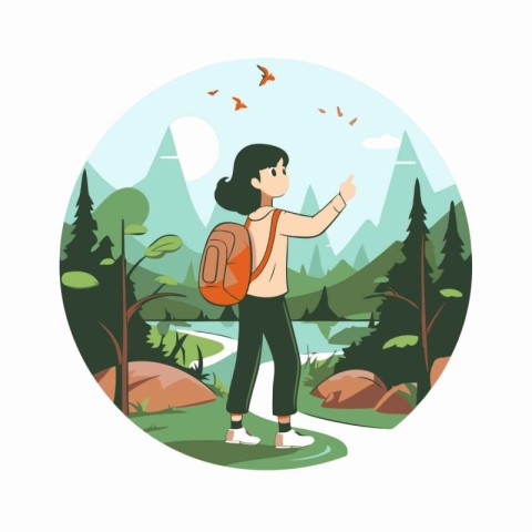 Young woman with backpack hiking in nature. Vector illustration