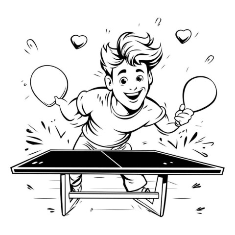 Boy playing table tennis. Black and white vector illustration fo