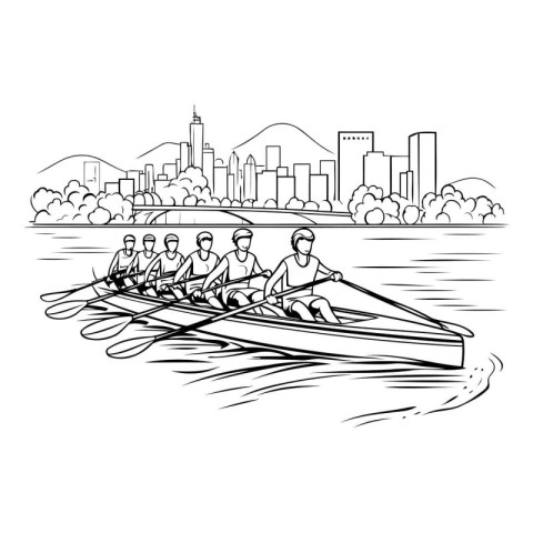 men rowing boat with cityscape in the background vector illustra