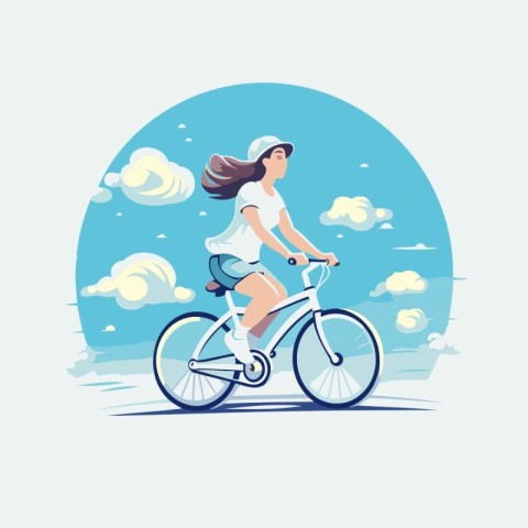 Young woman riding bicycle on the beach. Vector illustration in