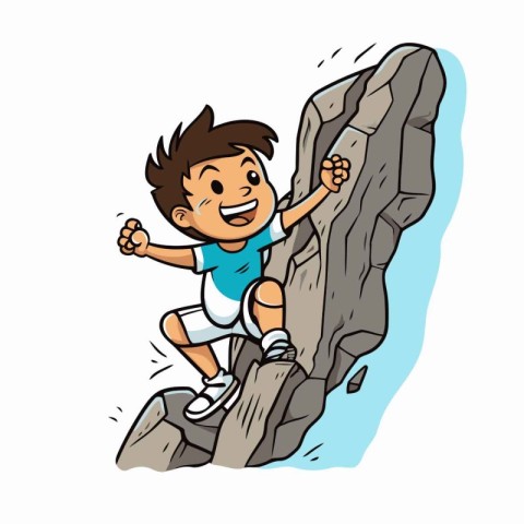 Cartoon boy climbing on a cliff. Vector illustration of a boy cl