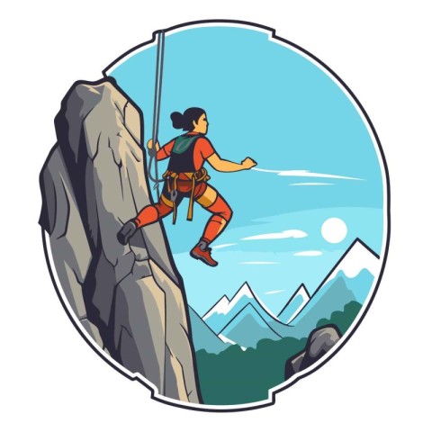 Vector illustration of a young woman climbing on a cliff with a