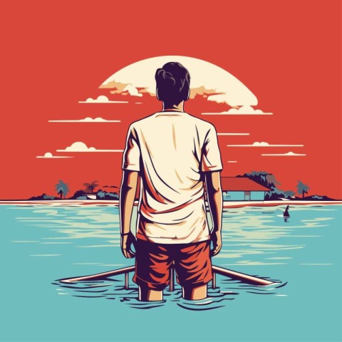 Man in a boat on the sea at sunset. Vector illustration.