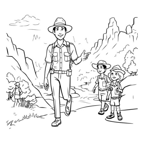 Hiking man with children in the mountains - black and white illu