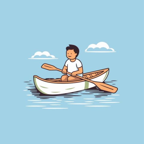 Man in a canoe on the sea. Flat style vector illustration.