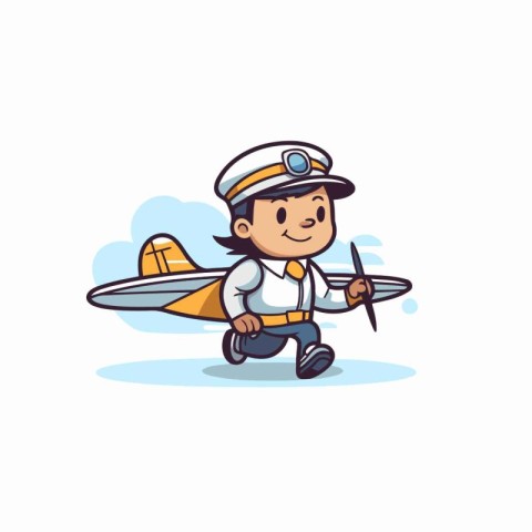 Cartoon pilot with airplane isolated on white background. Vector