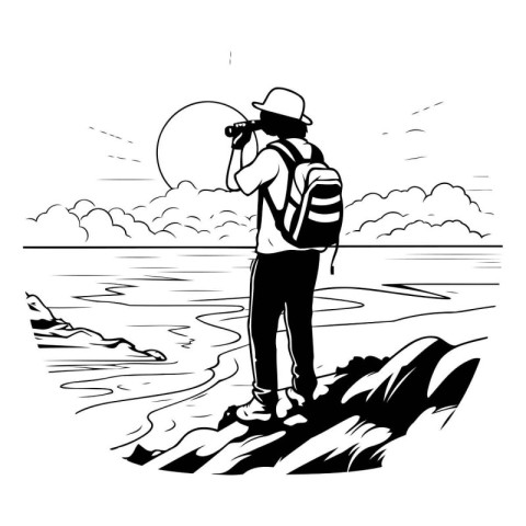 Photographer with a camera on the beach. Vector black and white