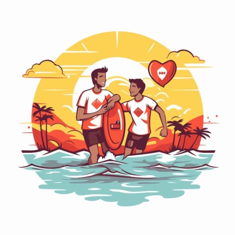 Surfers on the beach. Vector illustration in flat style.