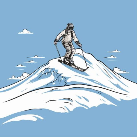 Skiing man on the top of the mountain. Vector illustration