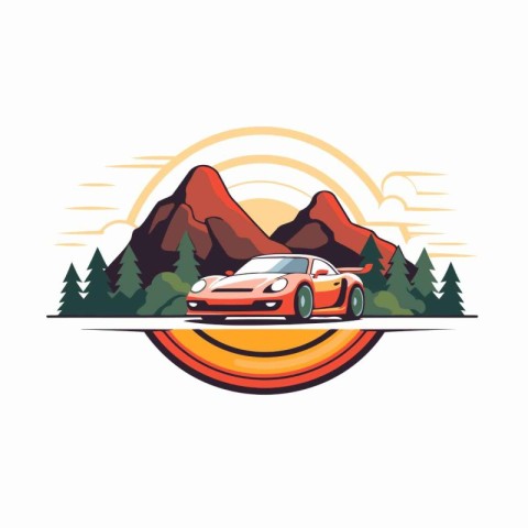 Retro sports car in the mountains. Vector illustration on white