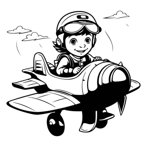 Little boy flying in airplane. Black and white vector illustrati