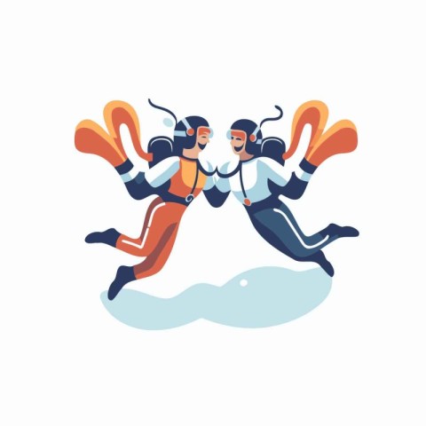 Couple of scuba divers jump in the air. Vector illustration.