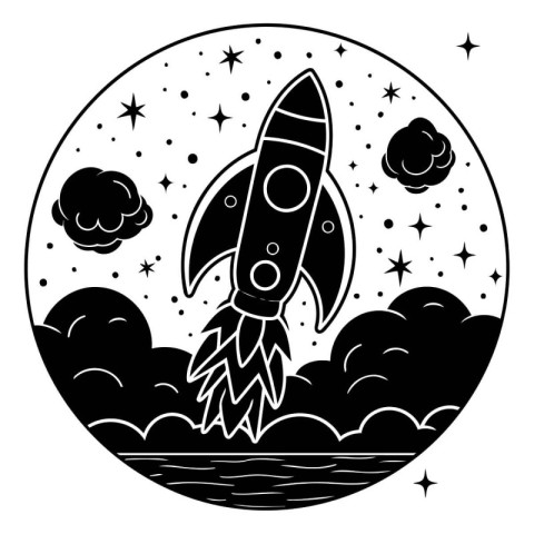 rocket ship flying in the space black and white vector illustrat