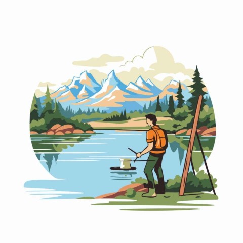 Fisherman with a fishing rod on the background of mountains. Vec