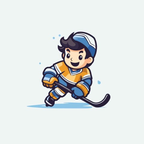 Cartoon ice hockey player with stick and puck. Vector illustrati