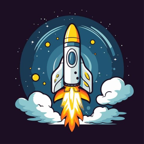 Space rocket in the sky. Vector illustration on a dark backgroun