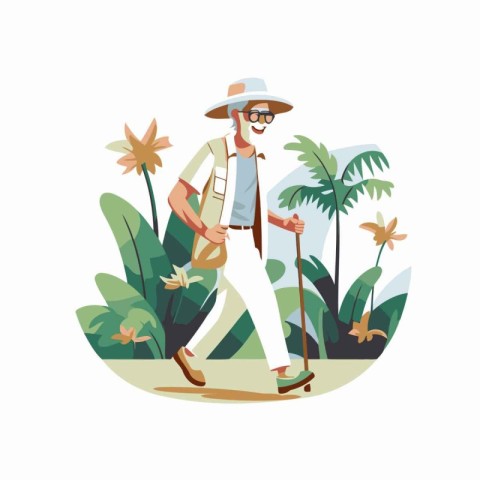 Handsome man in hat and sunglasses walking in the jungle vector