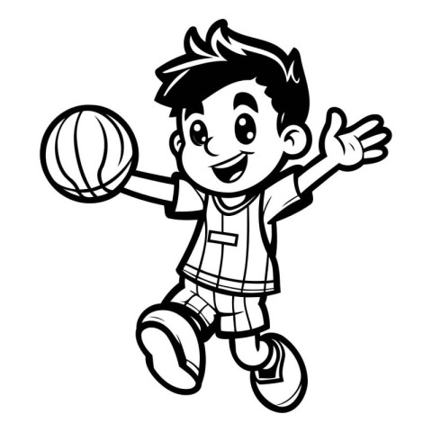 Boy Playing Volleyball - Black and White Cartoon Illustration. V