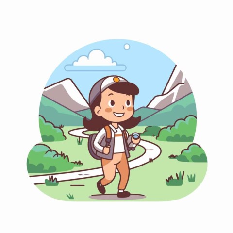 Cute little boy hiking in the mountains. Vector cartoon illustra