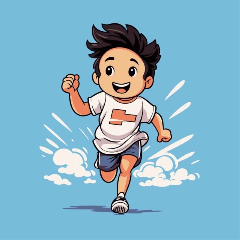 Cartoon boy running in the sky with clouds. Vector illustration.