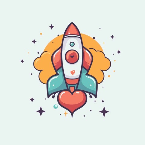 Space rocket with heart and cloud. Cartoon vector illustration.