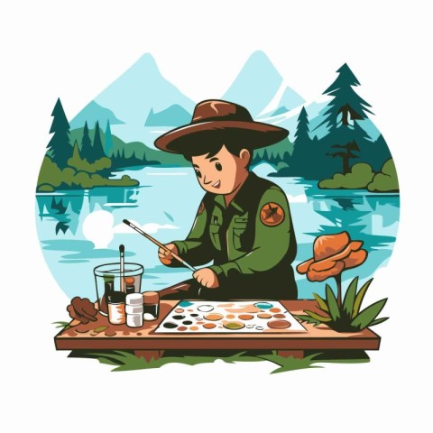 Fisherman on a picnic in the mountains. Vector illustration.