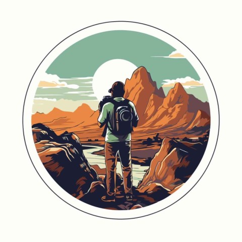 Hiker with backpack on a background of mountains. Vector illustr