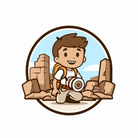 Hiker with backpack and camera. Vector illustration in a flat st