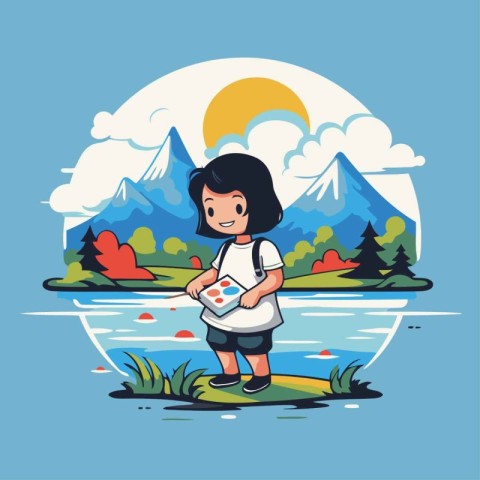 Girl with a map in the mountains. Vector illustration in flat st