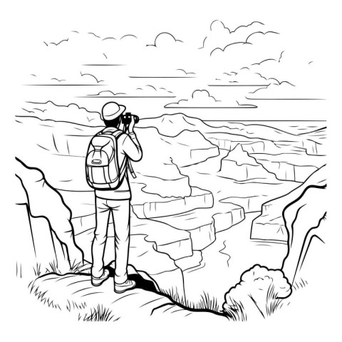 Hiker with binoculars on the cliff. Vector illustration.