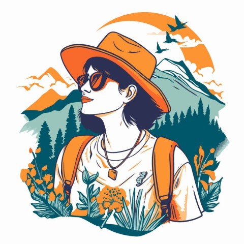 Vector illustration of a girl in a hat and glasses with a backpa