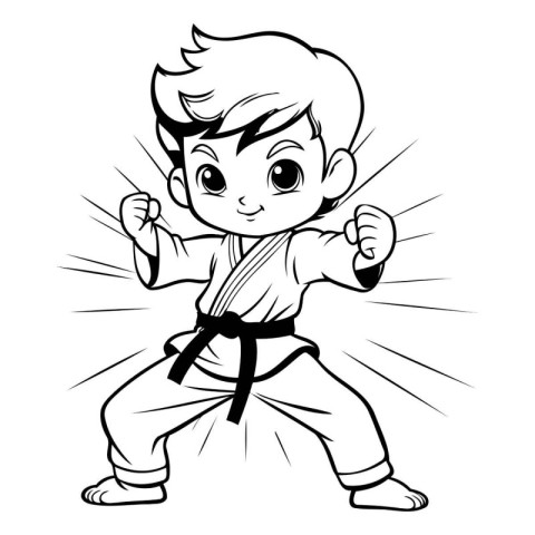 Karate Boy - Black and White Cartoon Illustration for Coloring B