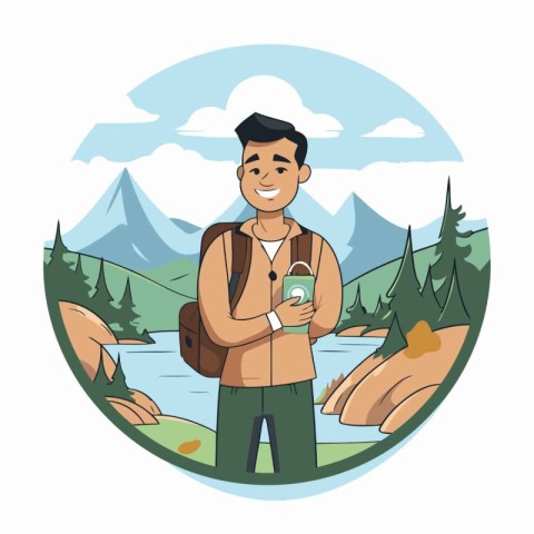 Hiking man with backpack and map cartoon round icon vector illus