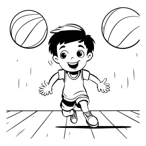 Little Boy Playing Volleyball - Black and White Cartoon Illustra