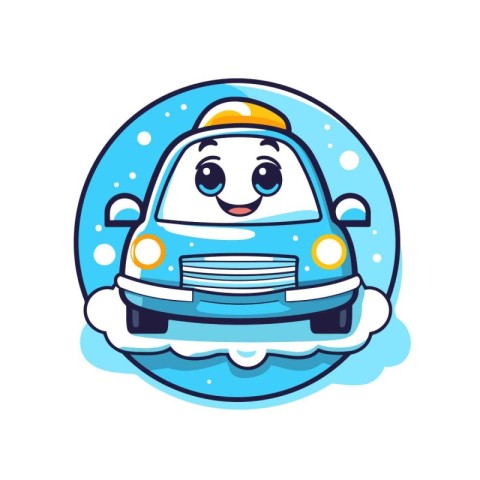 Cute cartoon car in the snow. Vector illustration on white backg