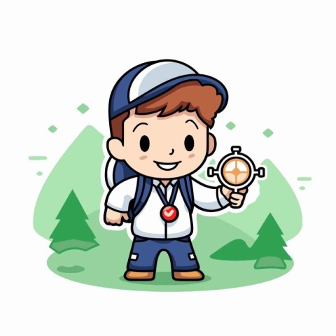 Cute School Boy Holding Compass - Cartoon Vector IllustrationÃ