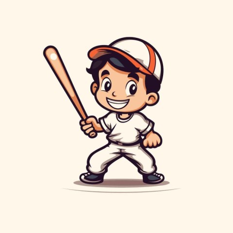 Cartoon boy baseball player with bat. Vector illustration in car