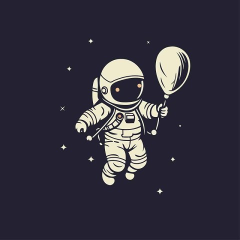 Astronaut holding balloon in hand. Vector illustration on dark b