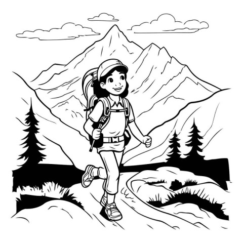 Hiker girl with backpack hiking in mountains. Vector illustratio