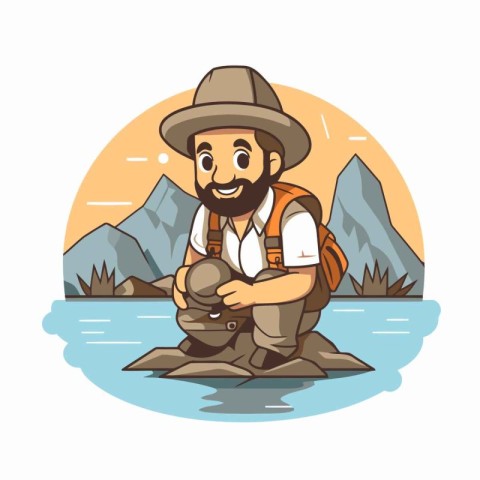 Fisherman sitting on a rock in the river. Vector illustration