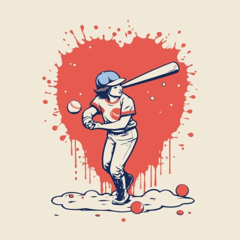 Baseball player hit the ball with the bat. Vector illustration.