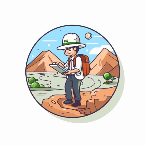 Tourist with a map in the mountains. Cartoon vector illustration