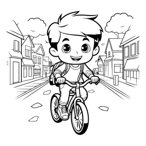 Boy riding a bicycle in the street. black and white vector illus