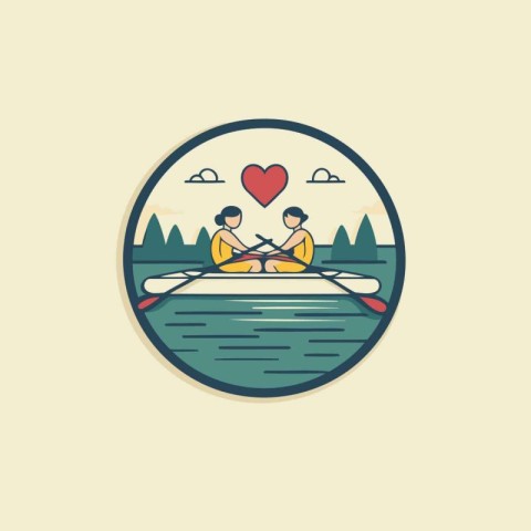 Couple in love rowing on the river. Vector illustration.