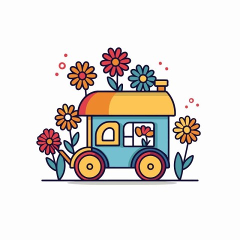 Cute train with flowers. Vector illustration in flat linear styl